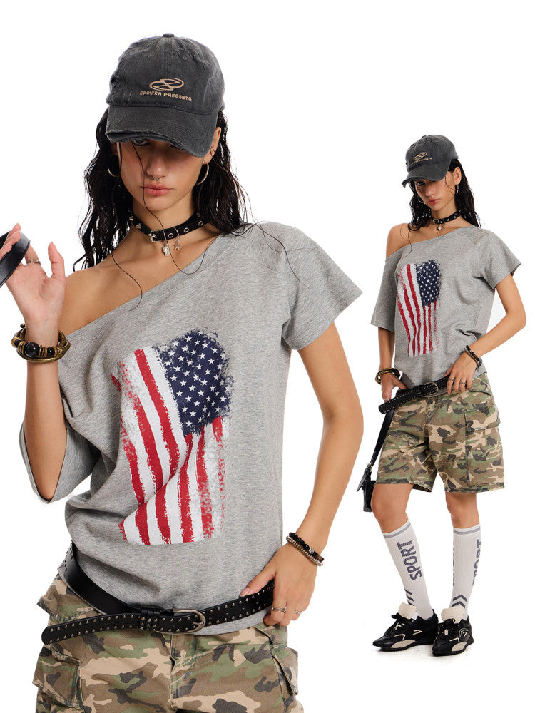 Badblood Women's Vintage Flag Graphic One-Shoulder Slim Fit T-Shirt
