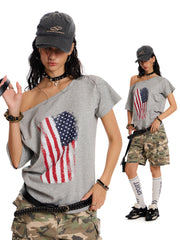 Badblood Women's Vintage Flag Graphic One-Shoulder Slim Fit T-Shirt