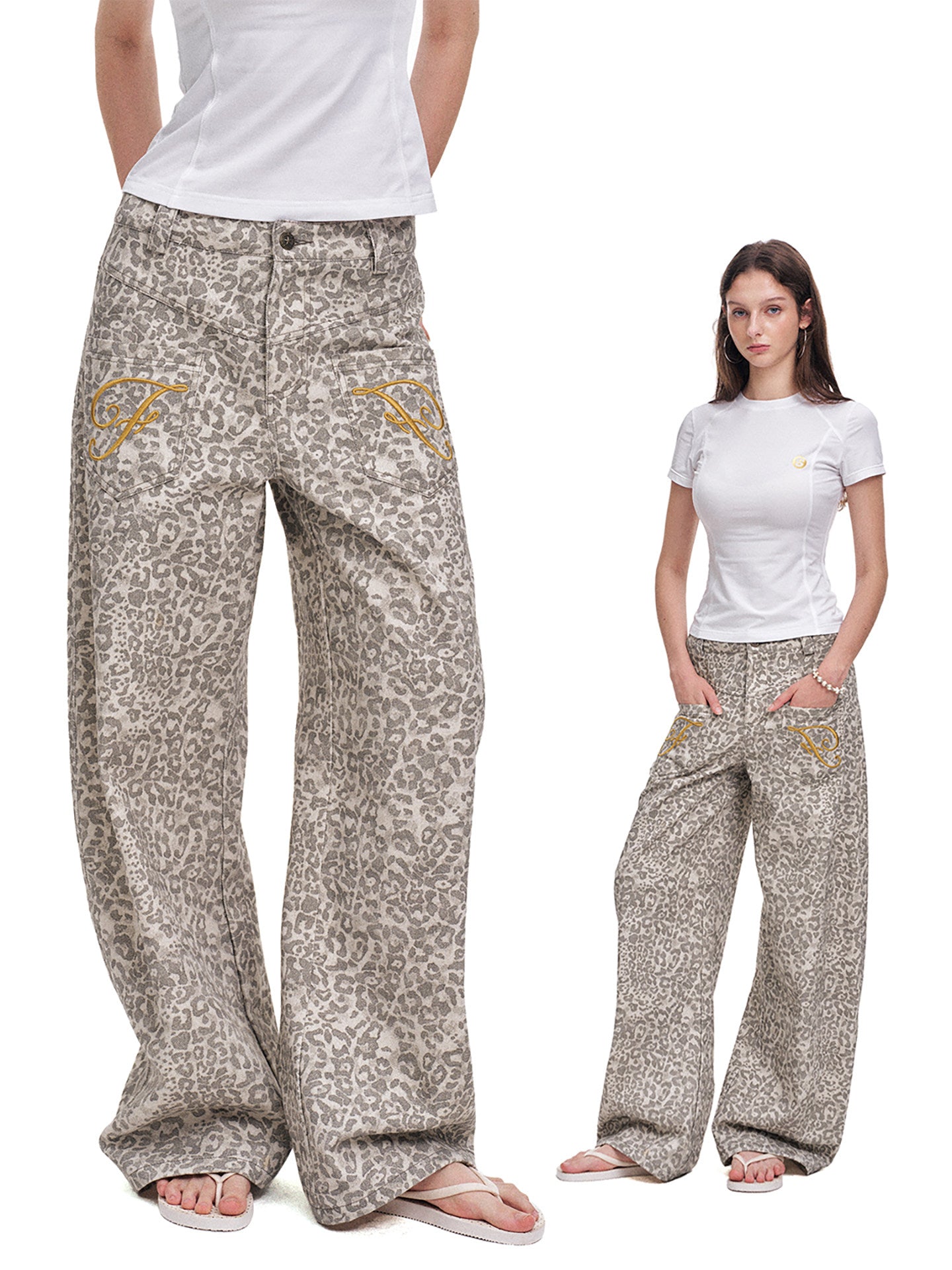 Women's Vintage Leopard Print Wide-Leg Denim Jeans with Patch Pockets