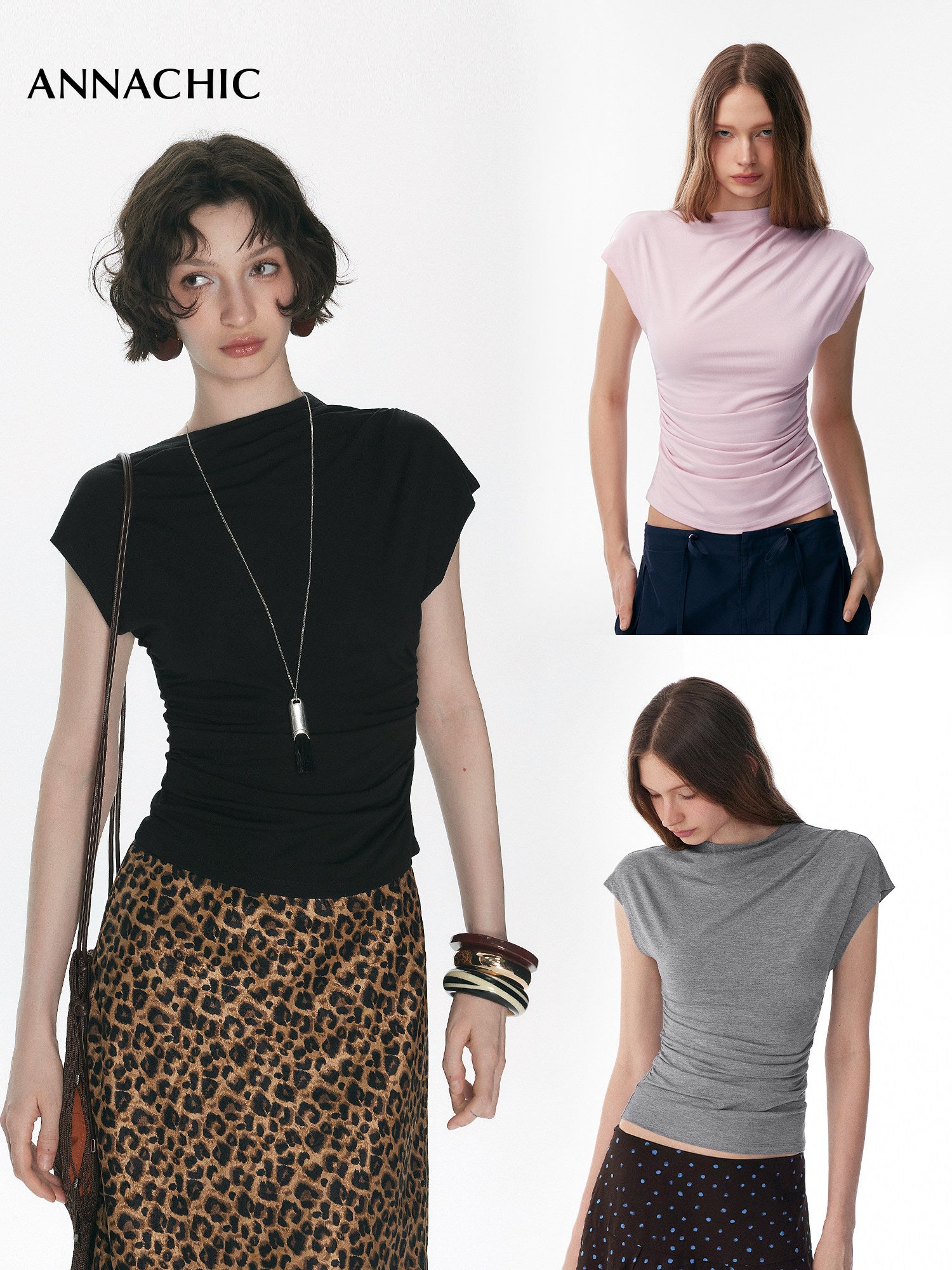 ANNACHIC Line Aesthetics _ White Irregular Little Flying Sleeve T-shirt for Women with Folded Waist Short Sleeve/Sleeveless Top