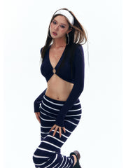 Women's Navy Striped Long Sleeve Swim Cover-Up Maxi Dress