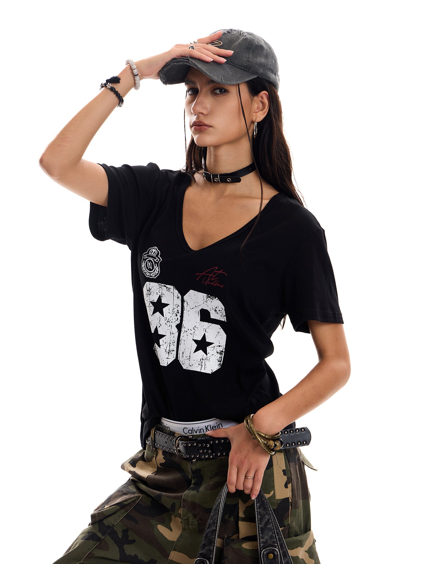 Women's Vintage Deep U-Neck Oversized T-Shirt