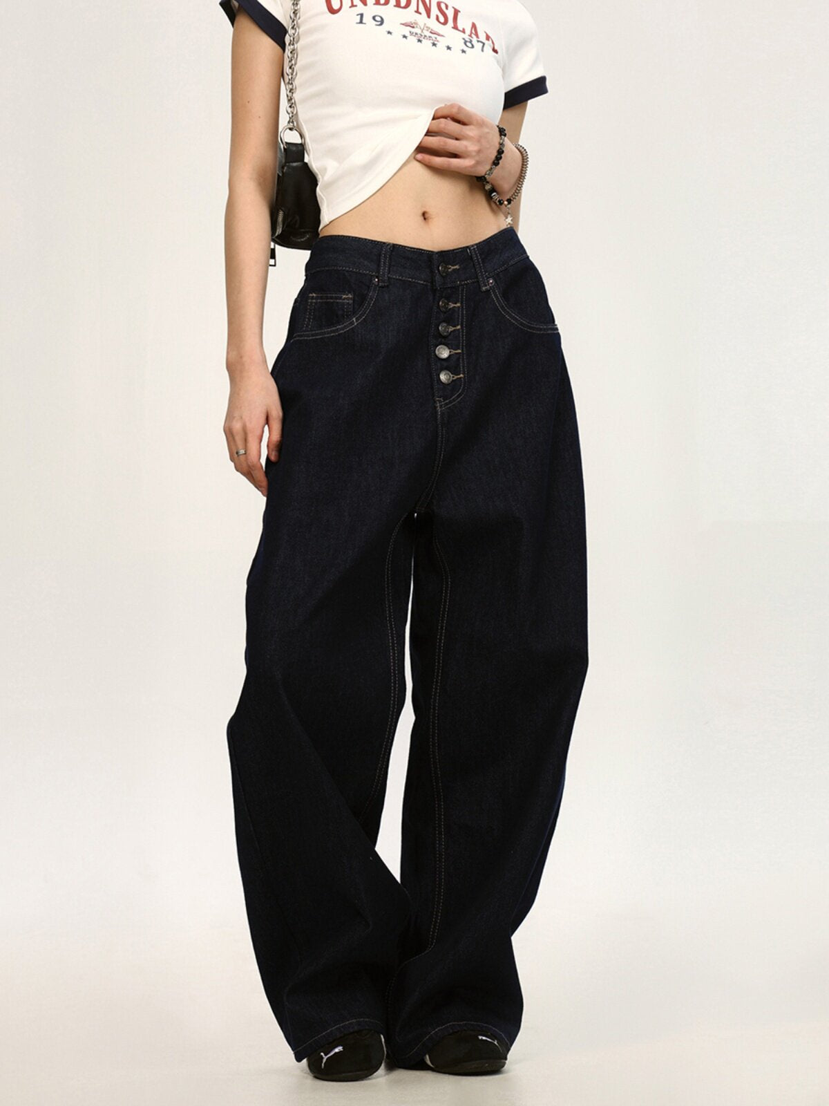 Women's Button Fly Washed Wide-Leg Straight Jeans