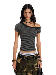 Women's Off-Shoulder Striped Slim Fit T-Shirt