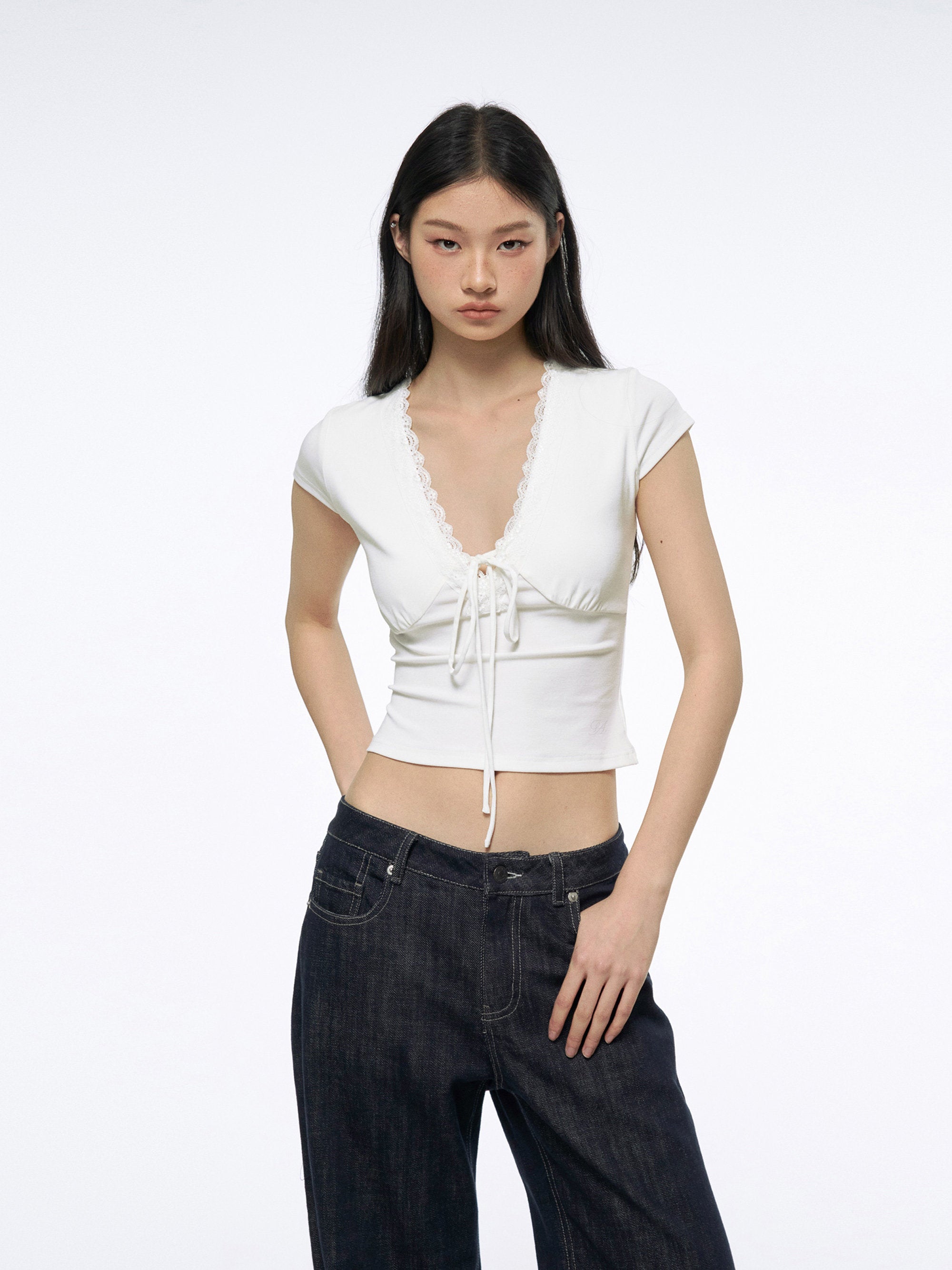Women's Deep V-Neck Lace Trim Tie-Front Slim Fit T-Shirt
