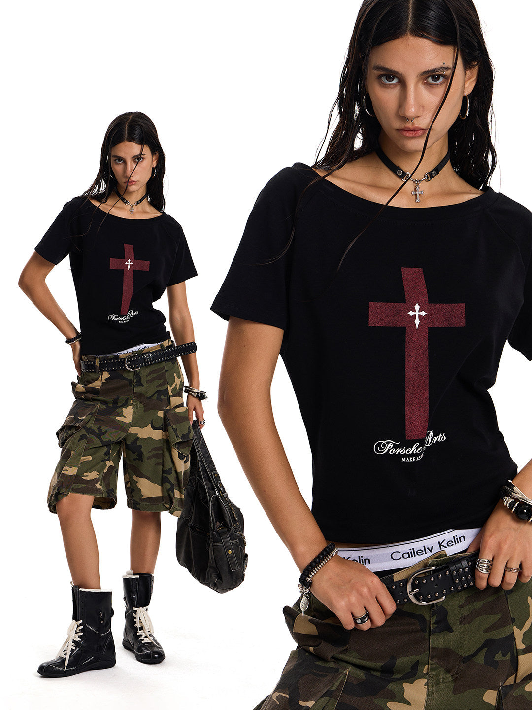 Women's Reversible One-Shoulder Cross Graphic T-Shirt