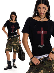 Women's Reversible One-Shoulder Cross Graphic T-Shirt