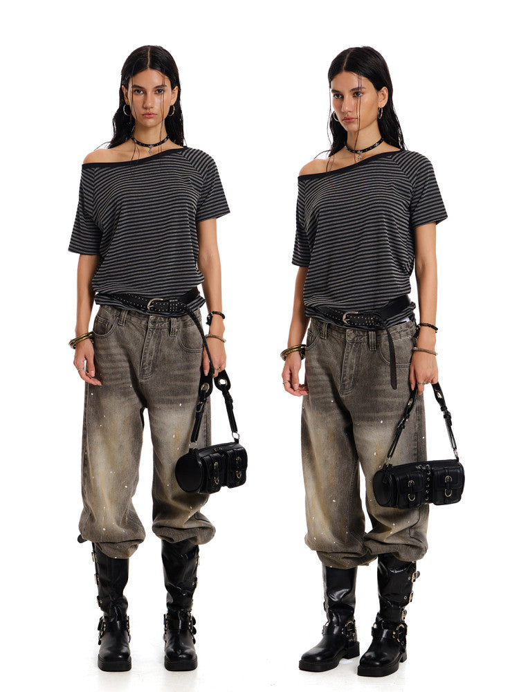 Women's Asymmetrical Off-Shoulder Striped T-Shirt