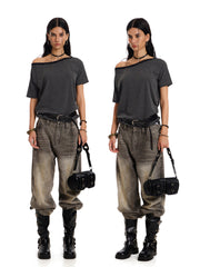 Women's Asymmetrical Off-Shoulder Striped T-Shirt