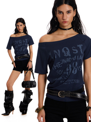 Women's Off-Shoulder Rock Style Graphic T-Shirt