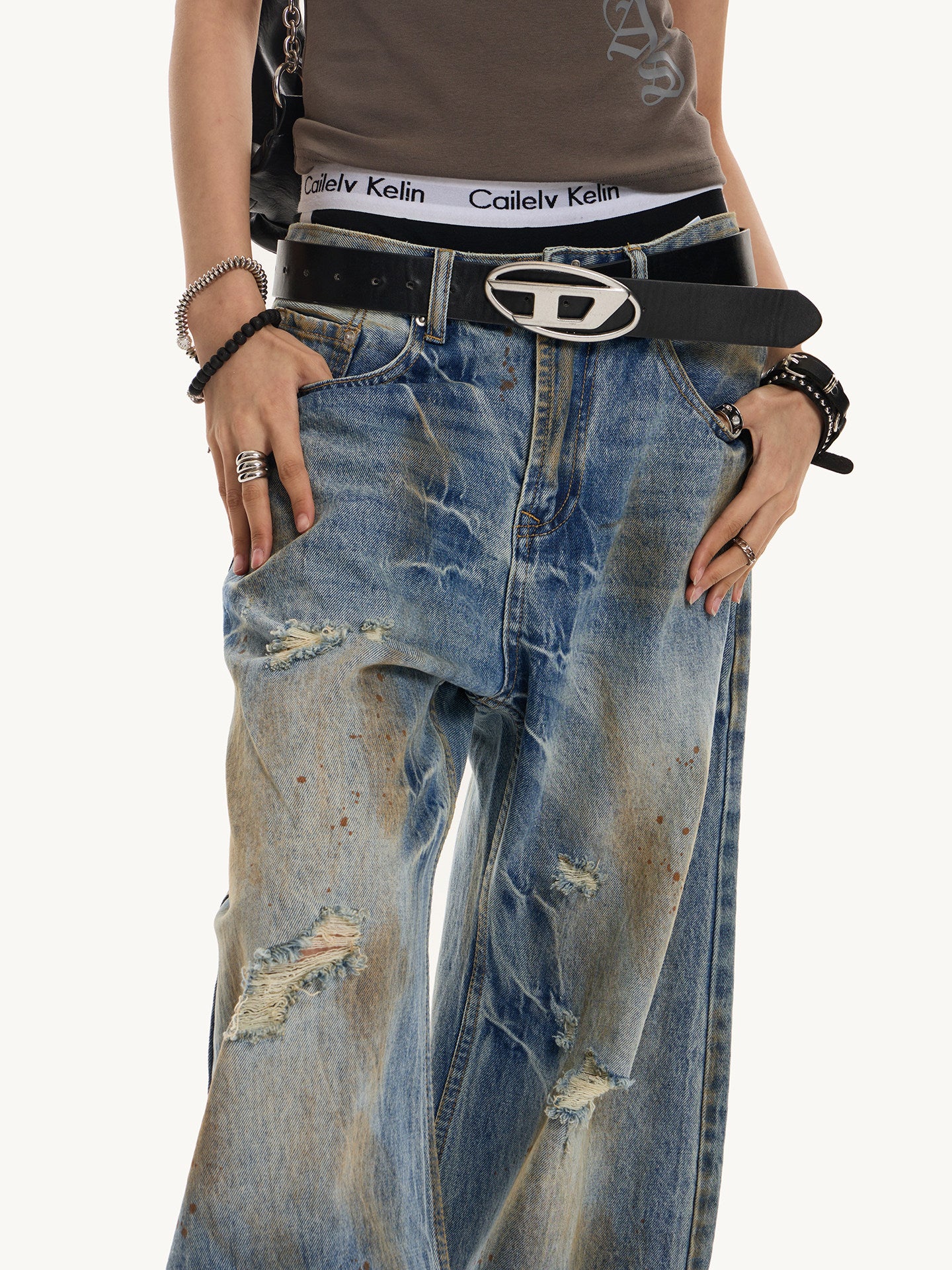 Unisex Distressed Washed Barrel Leg Wide-Leg Jeans