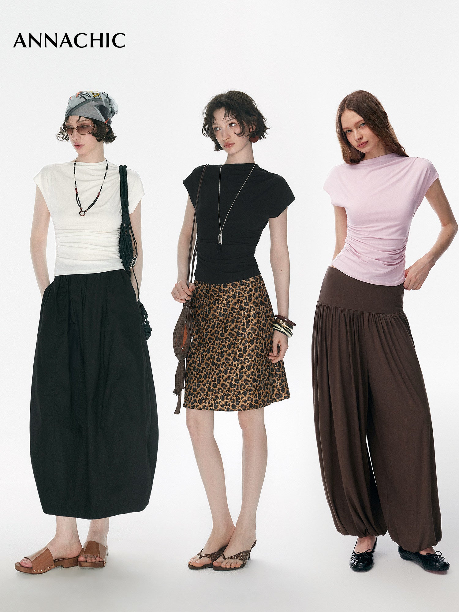 ANNACHIC Line Aesthetics _ White Irregular Little Flying Sleeve T-shirt for Women with Folded Waist Short Sleeve/Sleeveless Top