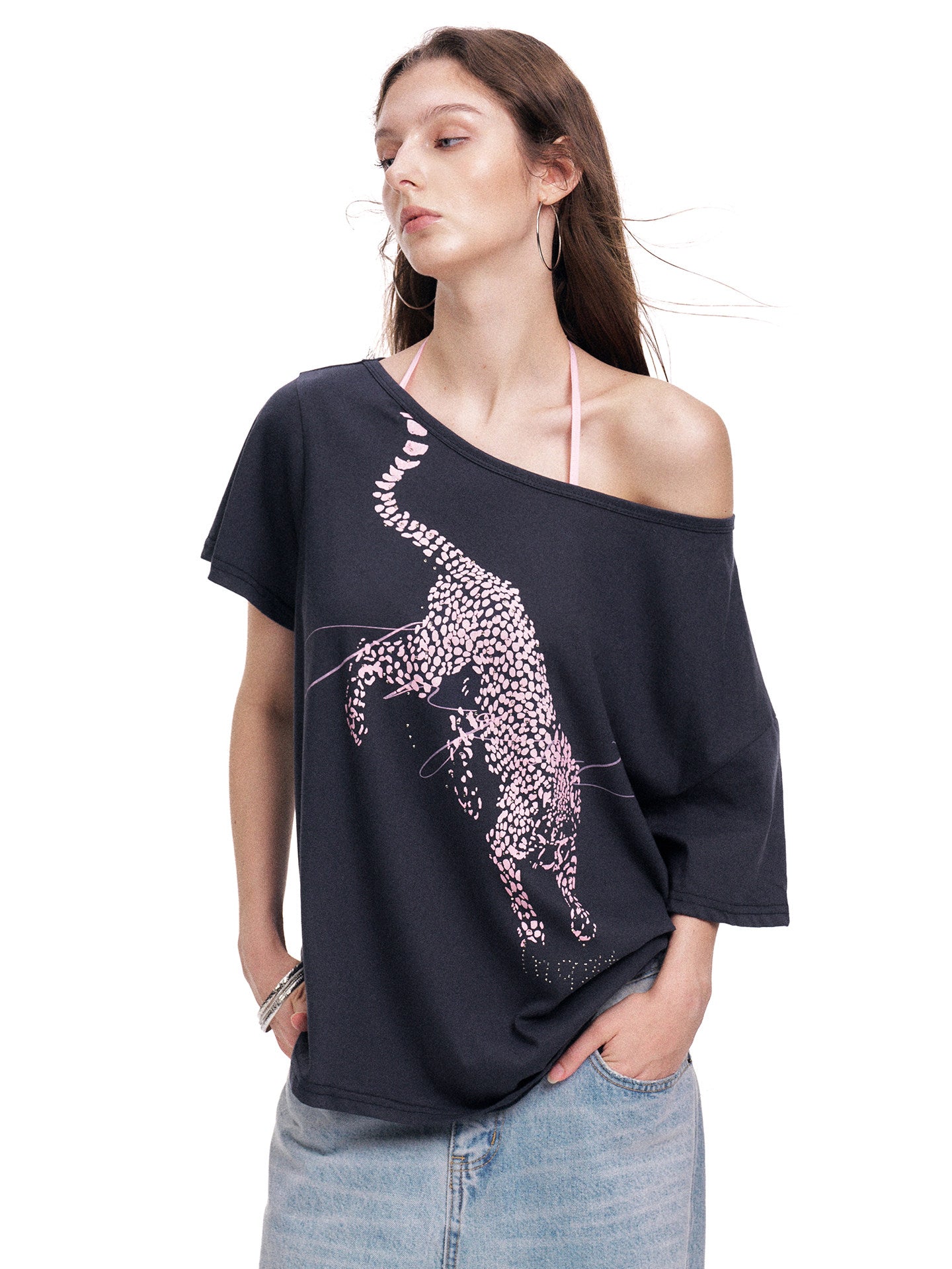 Badblood Women's Leopard Print One-Shoulder Slim Fit T-Shirt