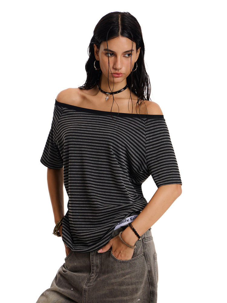 Women's Asymmetrical Off-Shoulder Striped T-Shirt