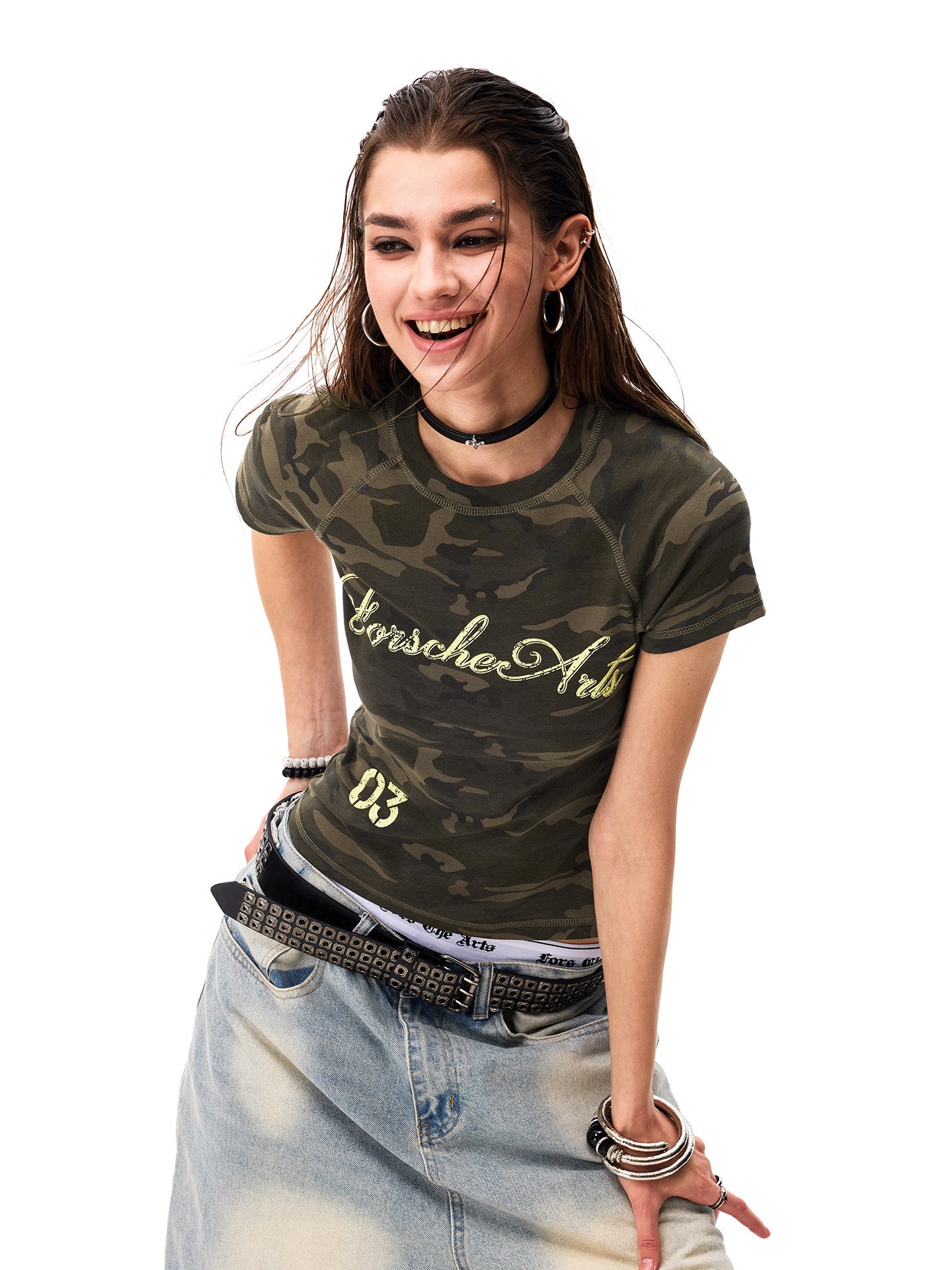 Women's Vintage Camo Raglan Slim Fit T-Shirt