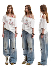 Women's Letter Graphic One-Shoulder Loose Fit T-Shirt