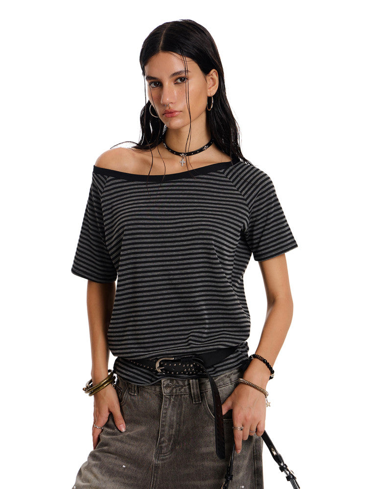 Women's Asymmetrical Off-Shoulder Striped T-Shirt