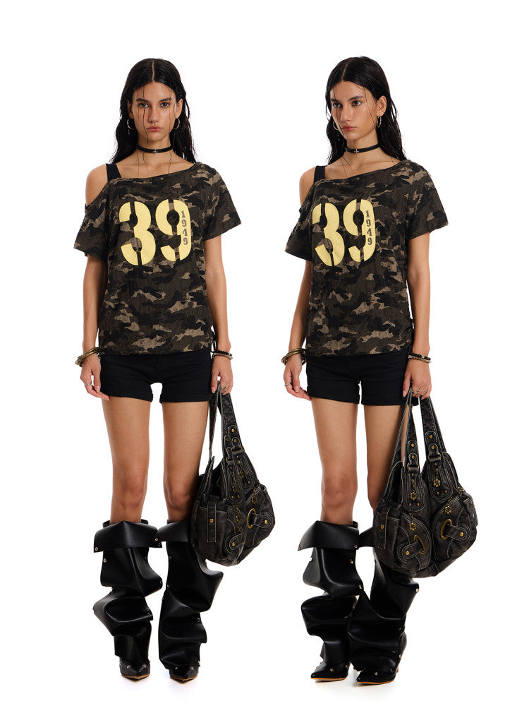 Women's Off-Shoulder Camo Drawstring Crop T-Shirt