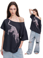 Badblood Women's Leopard Print One-Shoulder Slim Fit T-Shirt