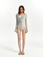 Women's Lace Long Sleeve Ruffle One-Piece Swimsuit