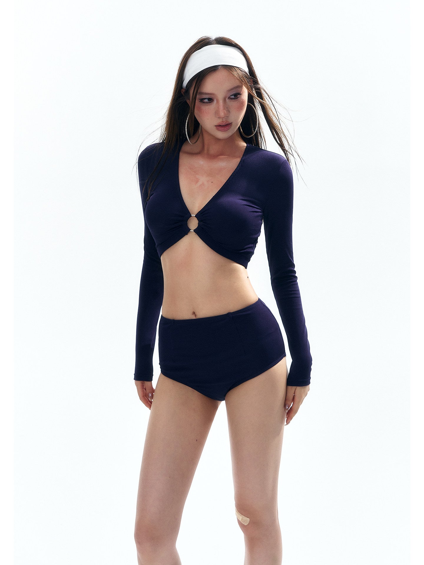 Women's Navy Striped Long Sleeve Swim Cover-Up Maxi Dress