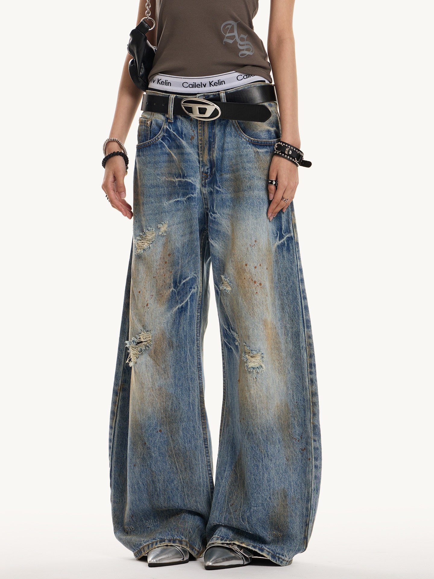 Unisex Distressed Washed Barrel Leg Wide-Leg Jeans