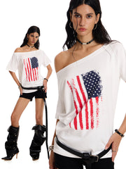 Badblood Women's Vintage Flag Graphic One-Shoulder Slim Fit T-Shirt