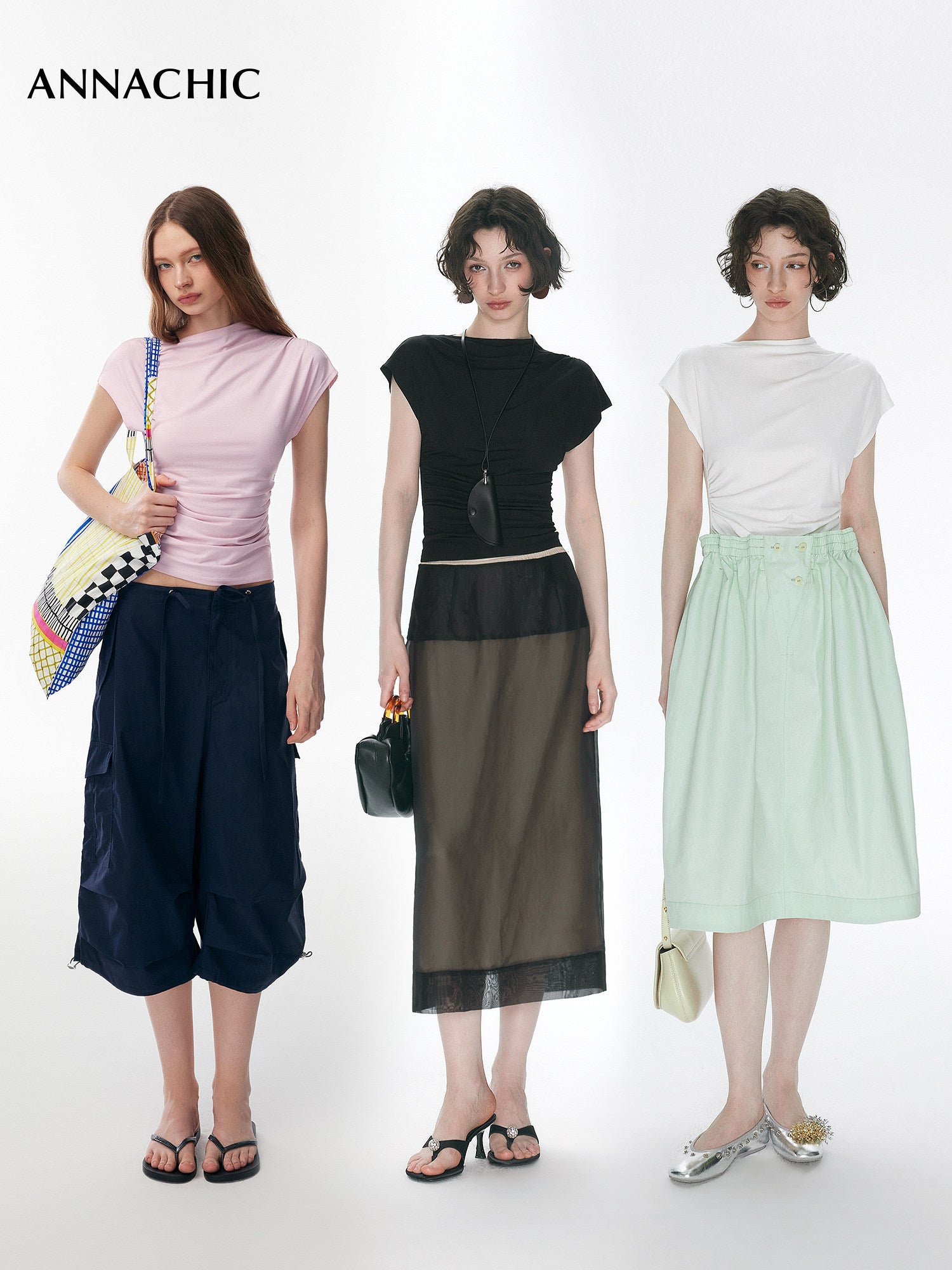 ANNACHIC Line Aesthetics _ White Irregular Little Flying Sleeve T-shirt for Women with Folded Waist Short Sleeve/Sleeveless Top