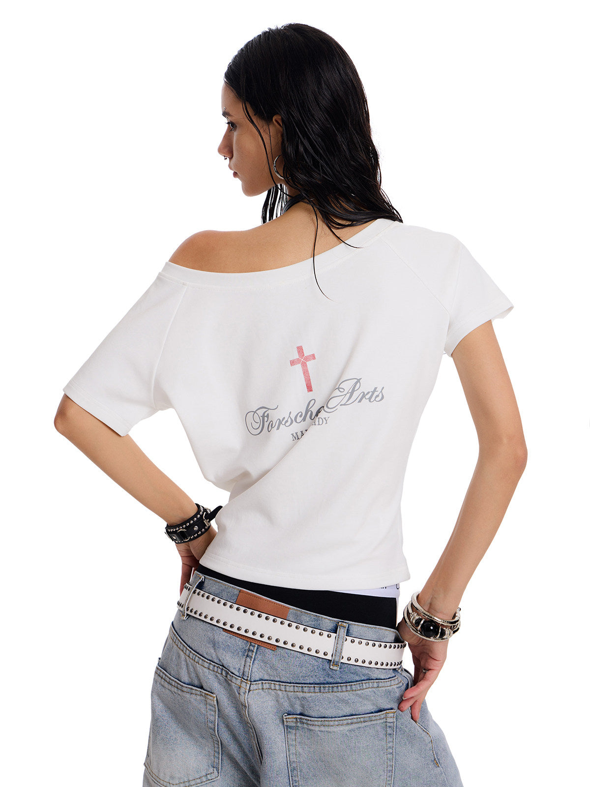 Women's Reversible One-Shoulder Cross Graphic T-Shirt