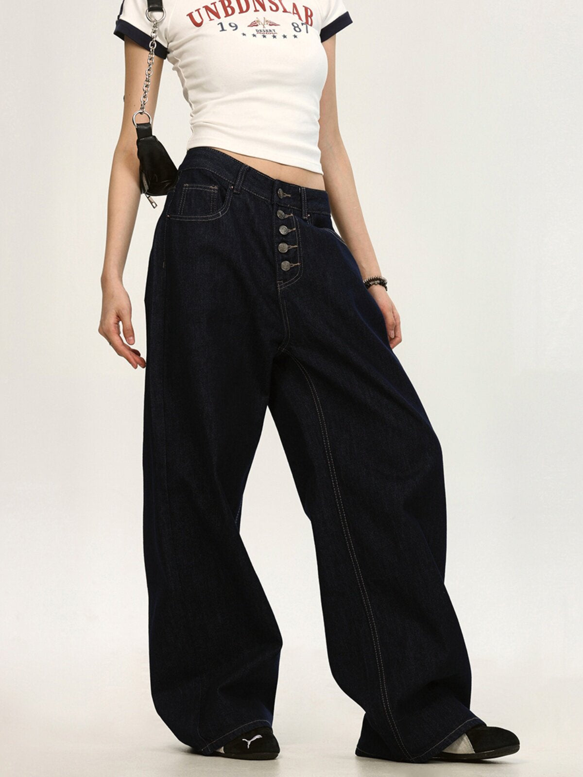 Women's Button Fly Washed Wide-Leg Straight Jeans