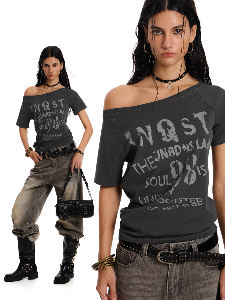 Women's Off-Shoulder Rock Style Graphic T-Shirt