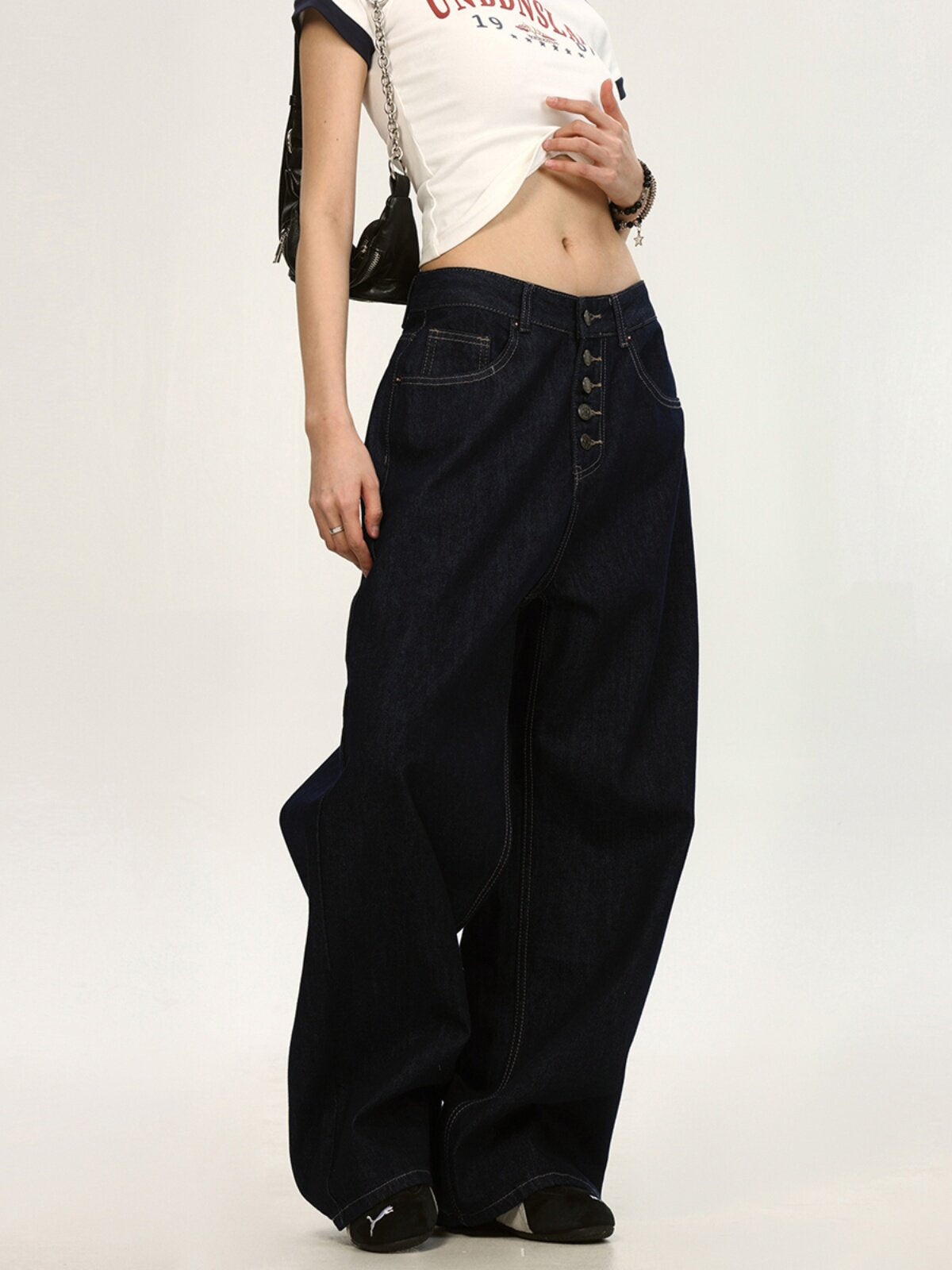 Women's Button Fly Washed Wide-Leg Straight Jeans