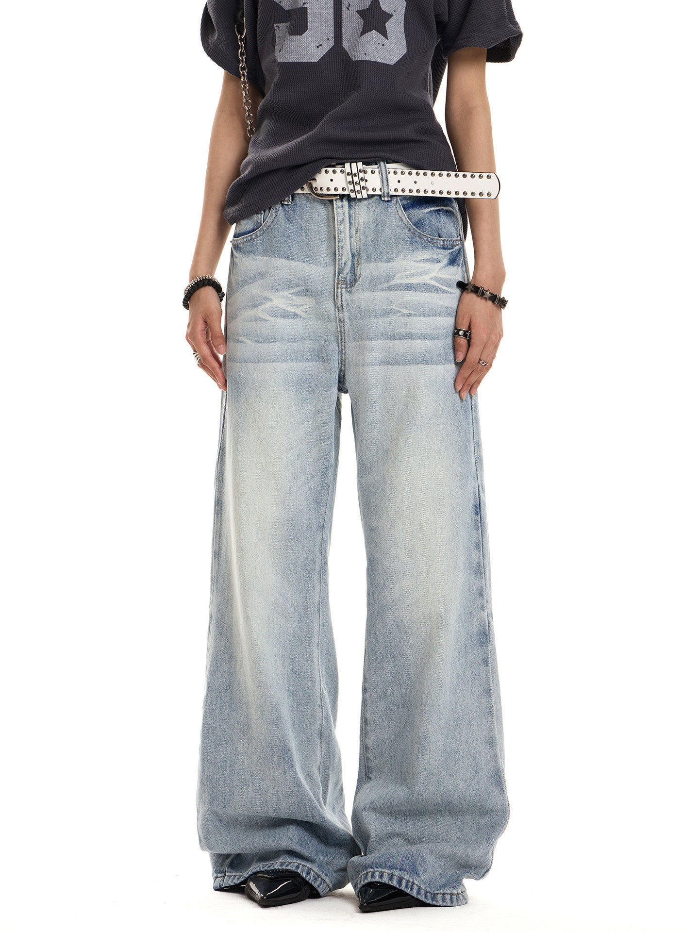 Unisex Vintage Washed Light Blue Straight-Leg Jeans