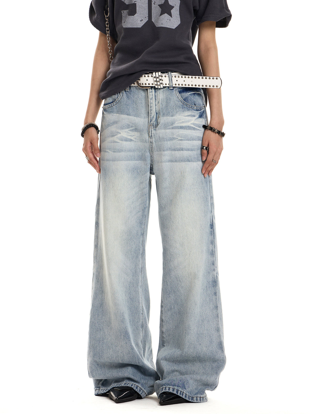 Unisex Vintage Washed Light Blue Straight-Leg Jeans