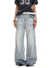 Unisex Vintage Washed Light Blue Straight-Leg Jeans