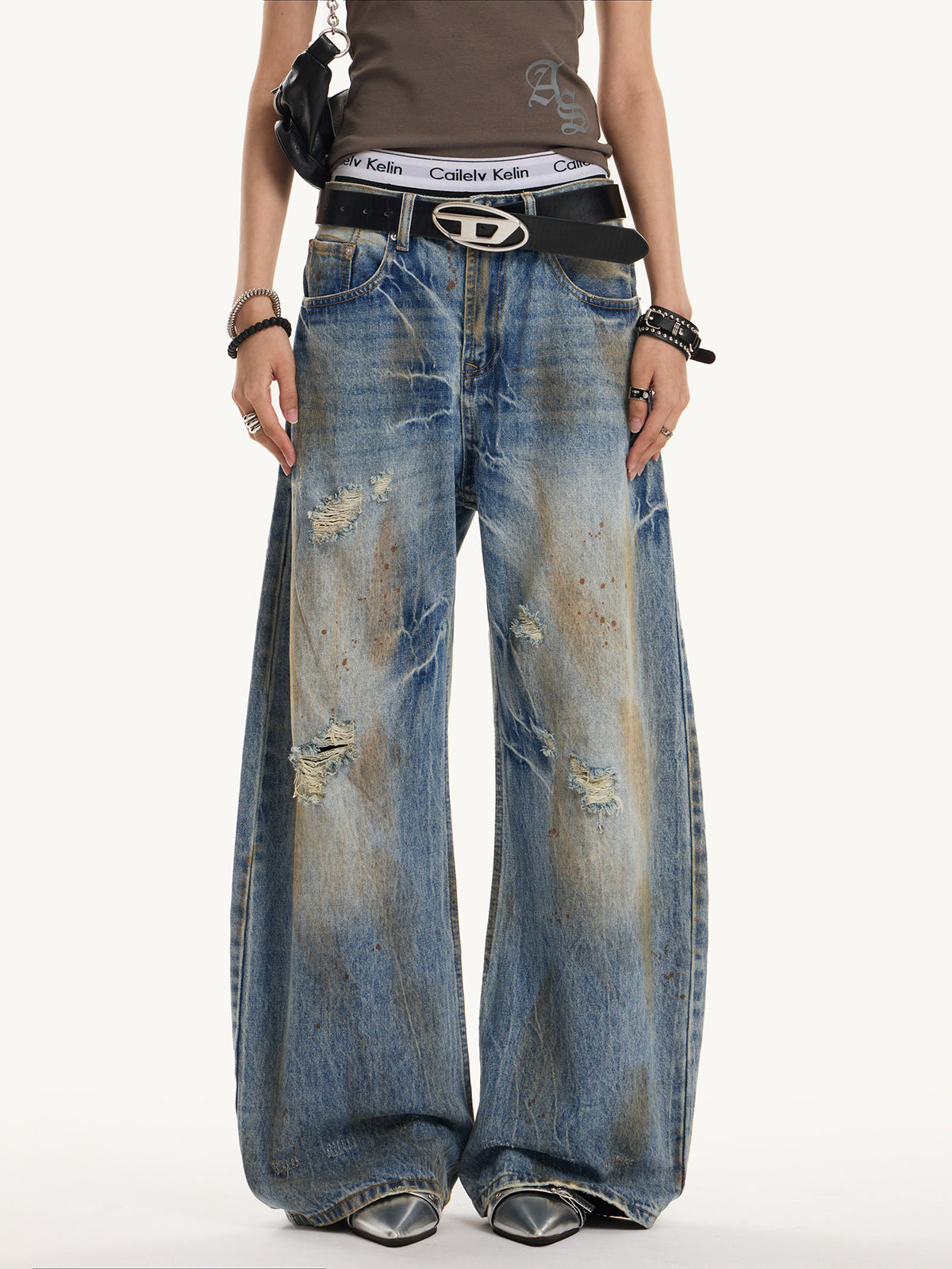 Unisex Distressed Washed Barrel Leg Wide-Leg Jeans