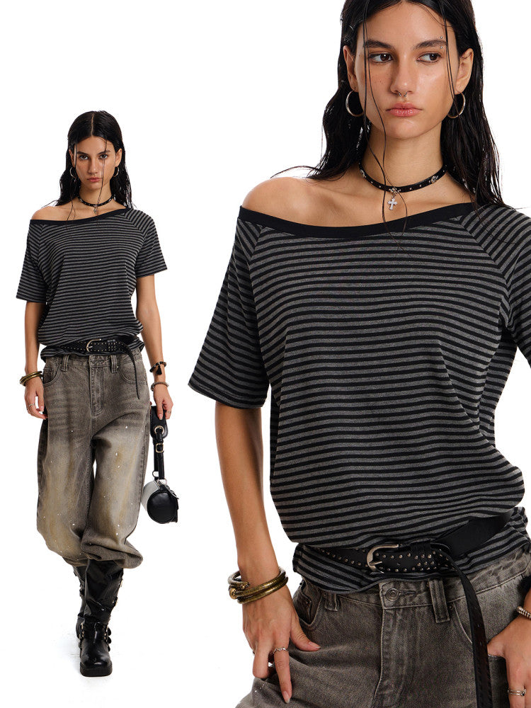 Women's Asymmetrical Off-Shoulder Striped T-Shirt