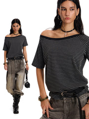 Women's Asymmetrical Off-Shoulder Striped T-Shirt