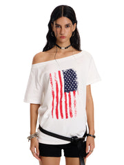 Badblood Women's Vintage Flag Graphic One-Shoulder Slim Fit T-Shirt