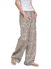 Women's Vintage Leopard Print Wide-Leg Denim Jeans with Patch Pockets
