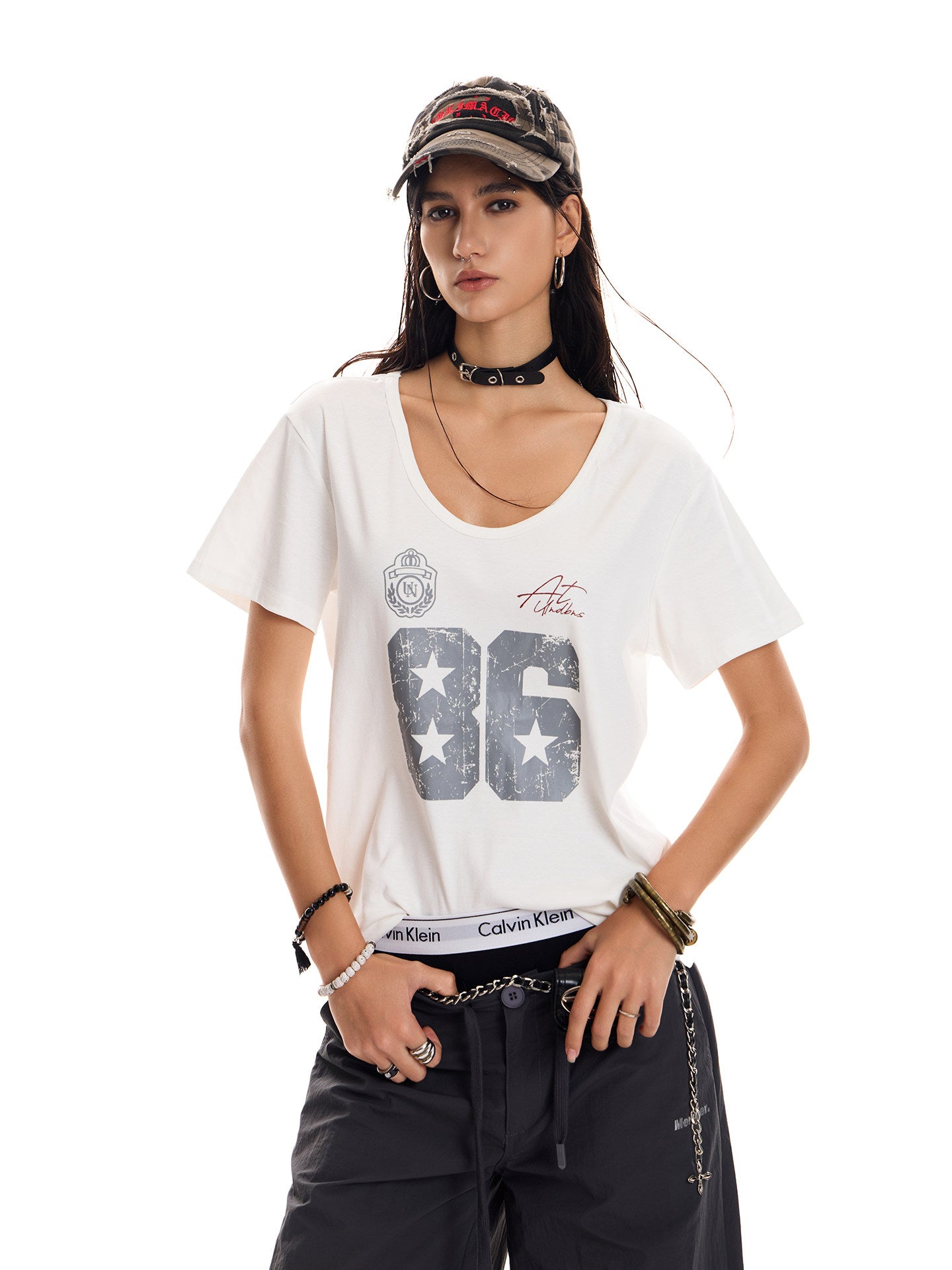 Women's Vintage Deep U-Neck Oversized T-Shirt
