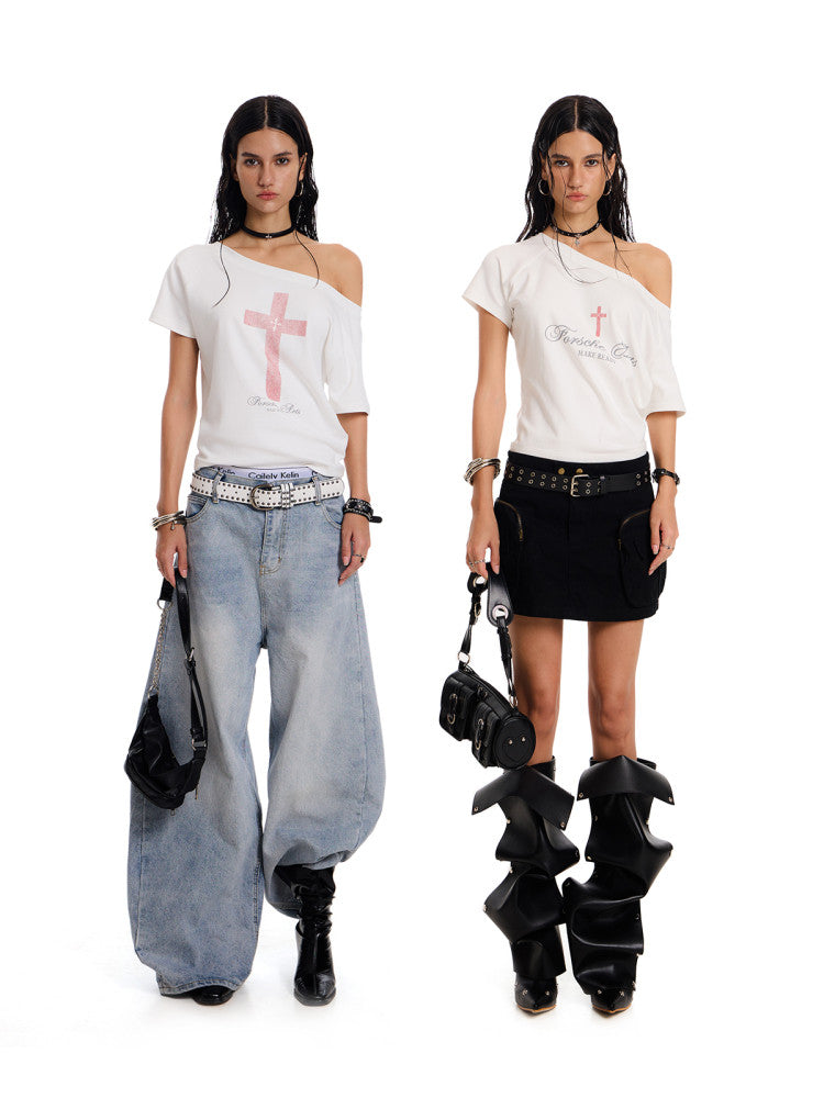 Women's Reversible One-Shoulder Cross Graphic T-Shirt