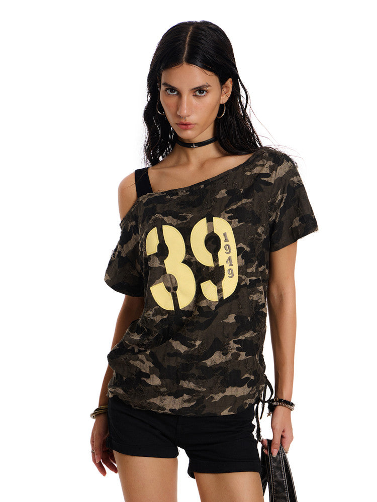 Women's Off-Shoulder Camo Drawstring Crop T-Shirt