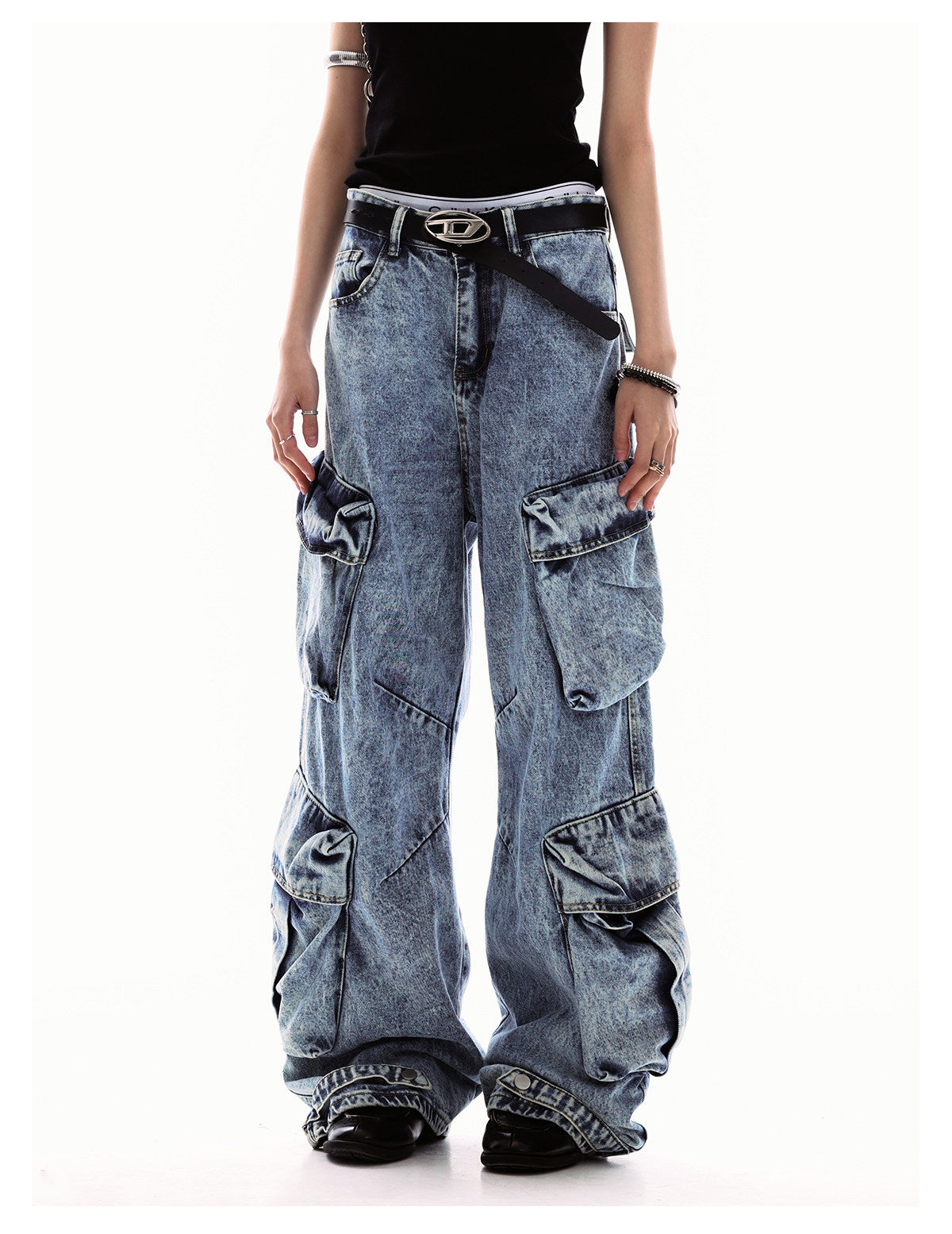 Unisex Multi-Pocket Cargo Denim Wide-Leg Jeans