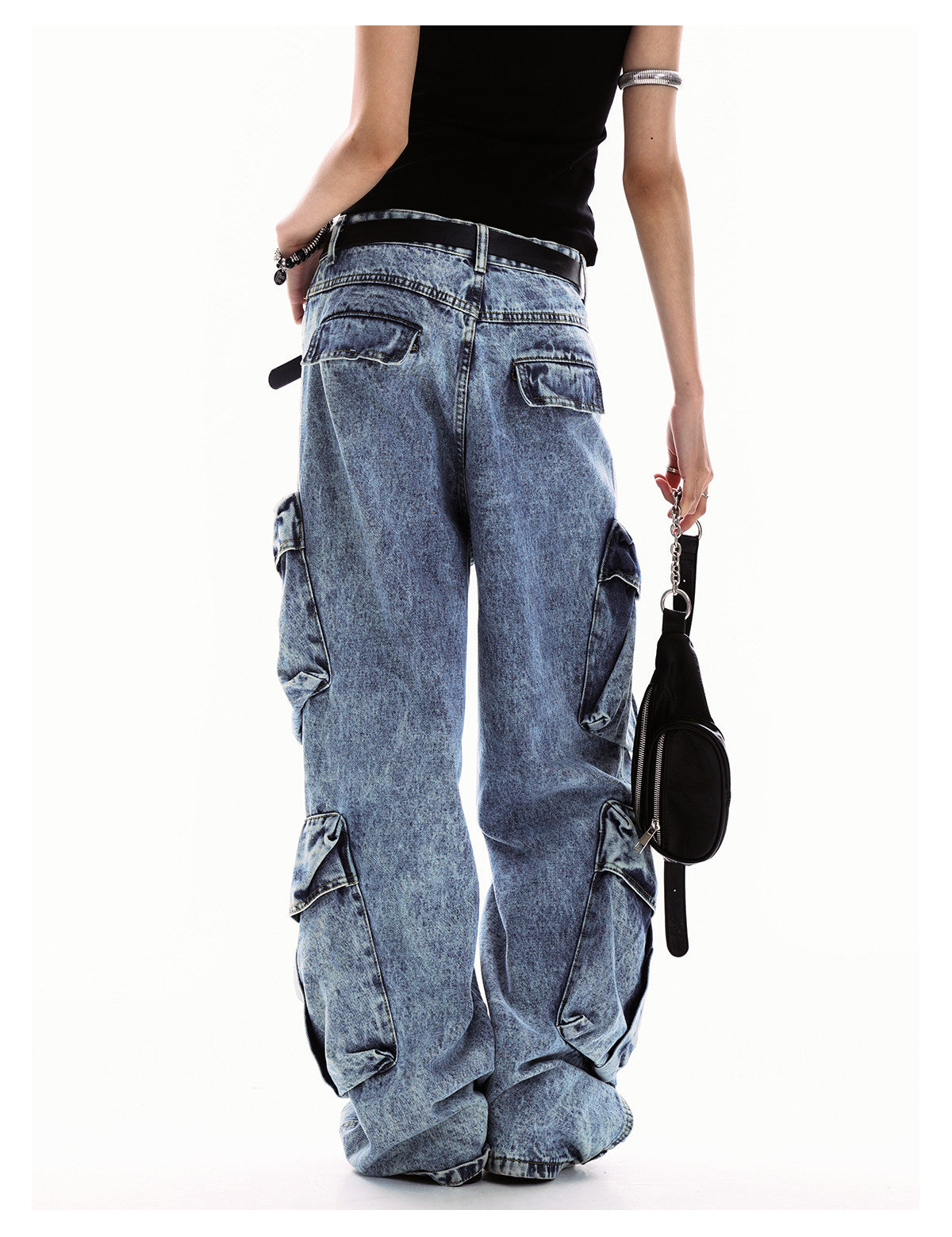 Unisex Multi-Pocket Cargo Denim Wide-Leg Jeans