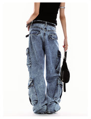 Unisex Multi-Pocket Cargo Denim Wide-Leg Jeans