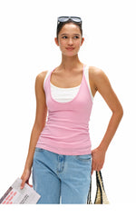 Women's Slub Knit Layered Deep U-Neck Cross Back Tank Top