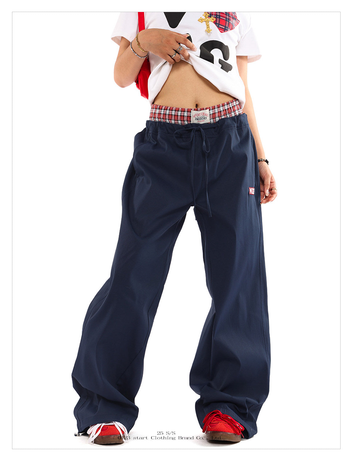 Unisex Double Waist Plaid Patchwork Cargo Pants