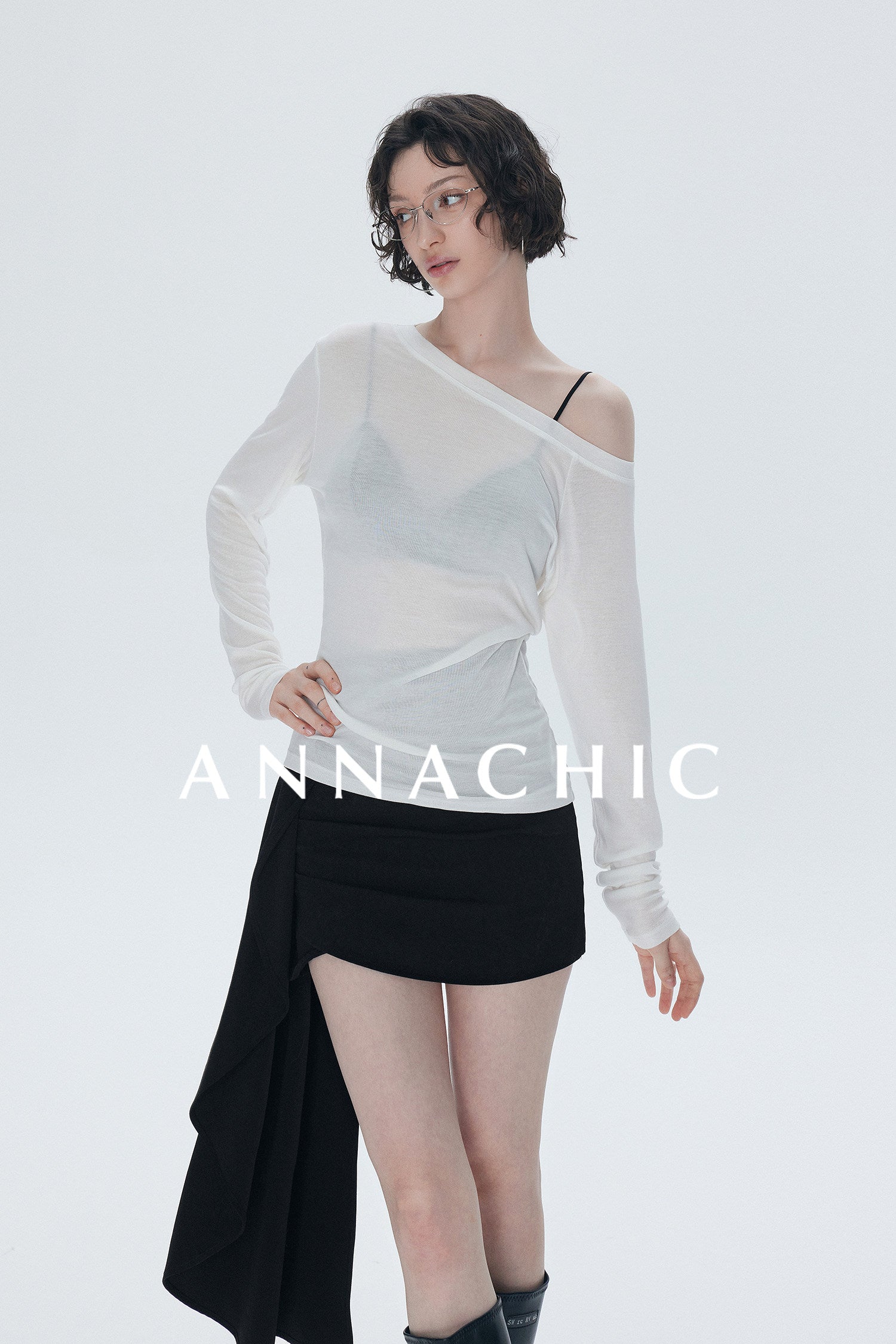 ANNASHIC full score slanted shoulder light transparent nude feeling Tencel long sleeved T-shirt women's thin sunscreen cover shirt off shoulder top