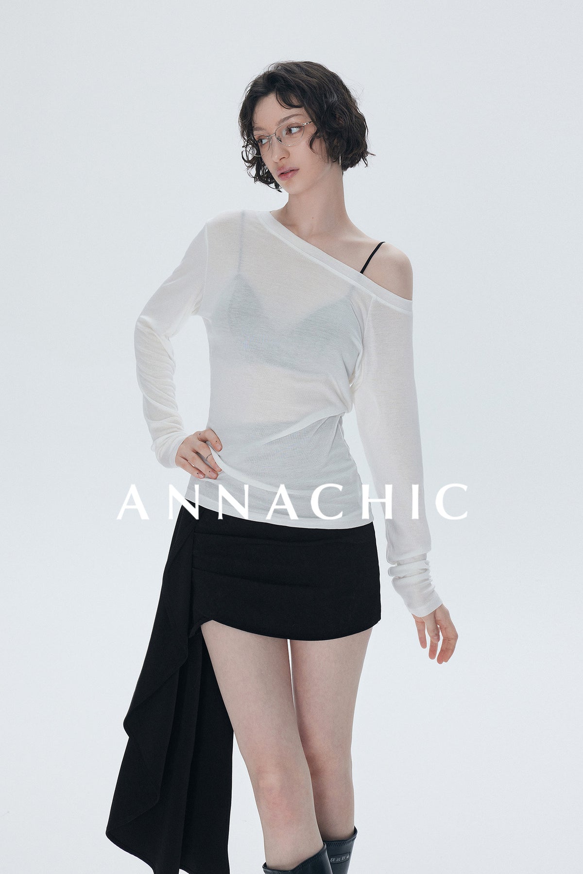 ANNASHIC full score slanted shoulder light transparent nude feeling Tencel long sleeved T-shirt women's thin sunscreen cover shirt off shoulder top